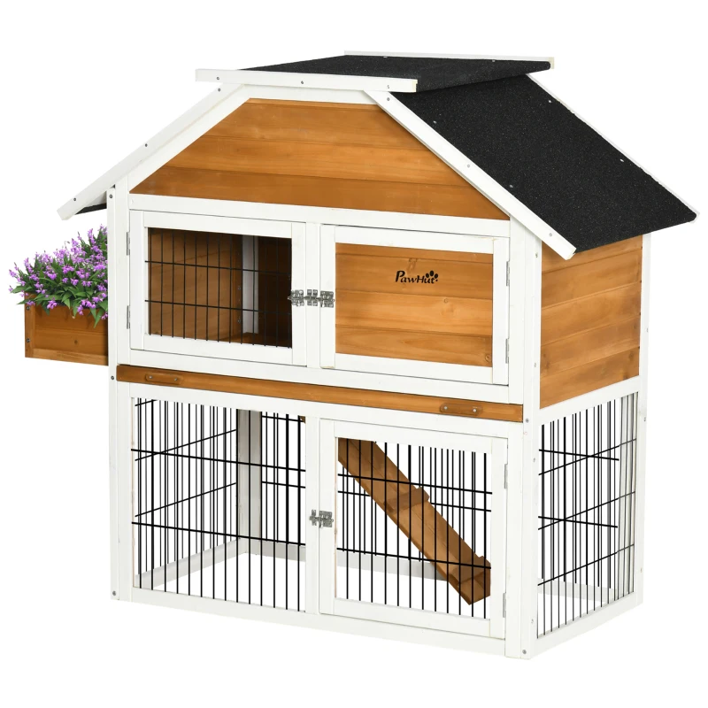 PawHut Coelheira de Madeira de Exterior Gaiola para Coelhos de 2 Níveis com Teto Asfáltico Cerca de Metal Floreira para Cultivo Bandeja Removível Portas e Rampa 123x58x106cm Madeira