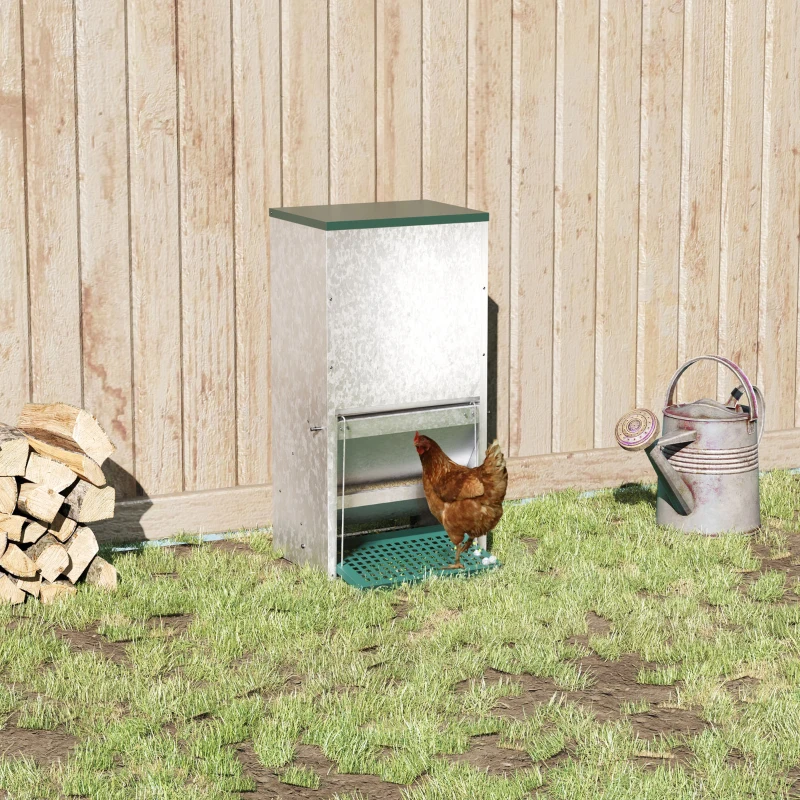 PawHut Comedouro para Aves de 24L de Capacidade Comedouro para Galinhas com Abertura Automática com Pedal 33,5x38,5x66cm Prata