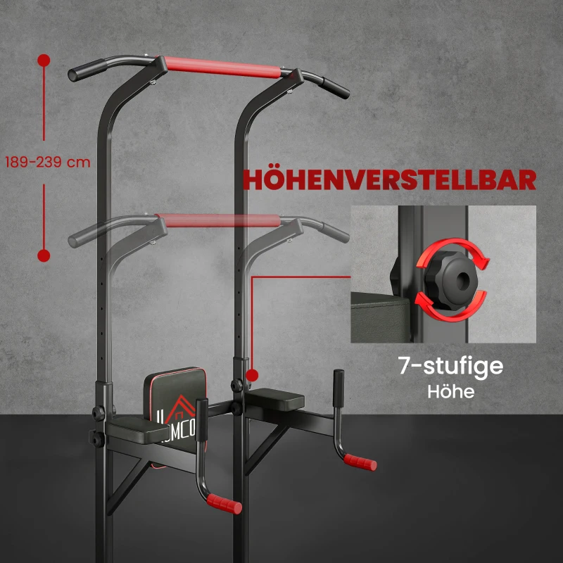HOMCOM Power Tower höhenverstellbar Dip Station mit Klimmzugstange Saugnäpfe, Gepolstert Trainingsgerät für Zuhause