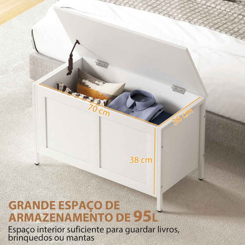 HOMCOM Baú de Armazenamento 95L Baú de Arrumação com Tampa Banco de Armazenamento com Dobradiça de Segurança 80x40x50 cm Branco