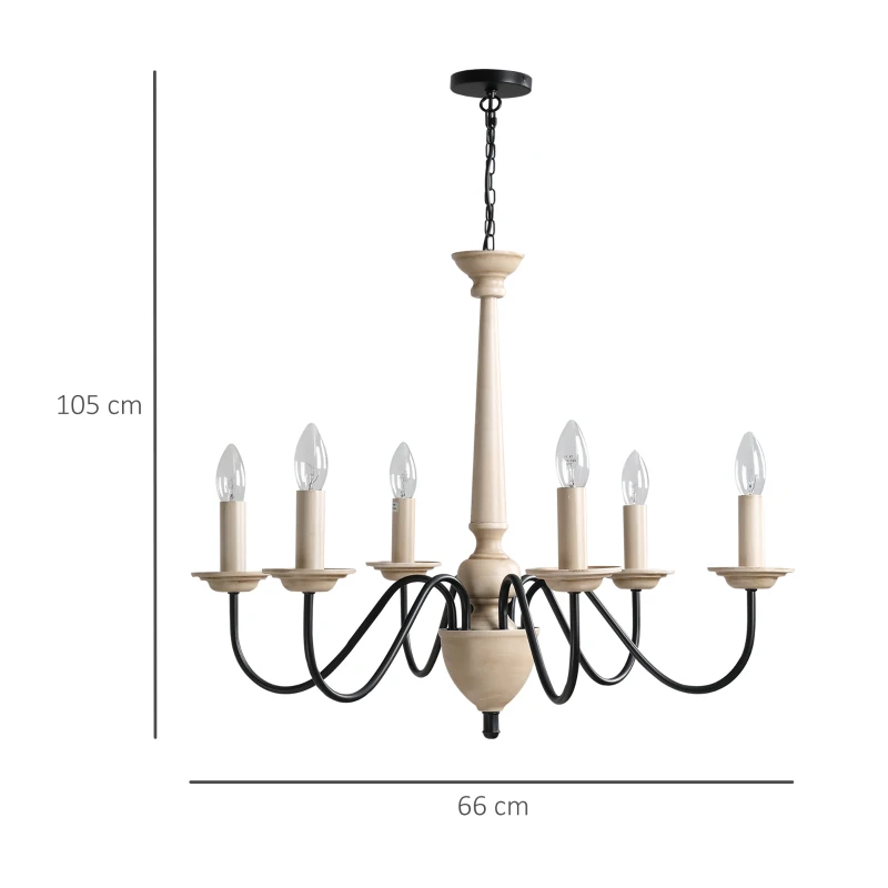 HOMCOM Kronleuchter Hängelampe 6-flammig Pendelleuchte mit Glas königlich traditionell klassisch mit 6 Armen, Stahl, Schwarz+Holzfarbe, 60x60x105 cm