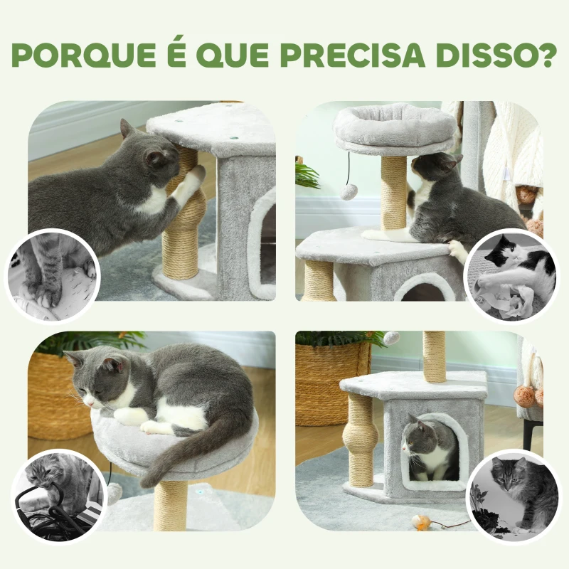 PawHut Arranhador para Gatos com Cama Caverna Plataforma Bola Suspensa e Poste de Juta 42x30x66 cm Cinza e Bege