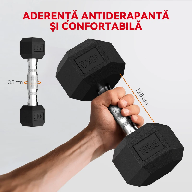 SPORTNOW Set Gantere Hexagonale pentru Sală cu Suport și Mânere Antialunecare, 2x2kg, 2x5kg, 2x8kg, 2x10kg, Negru