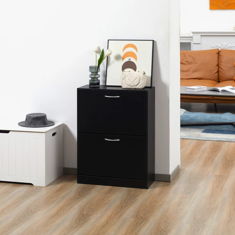HOMCOM Sapateira de Madeira com 2 Compartimentos para Entrada Corredor Dormitório Sala de Estar 60x24x80 cm Preto