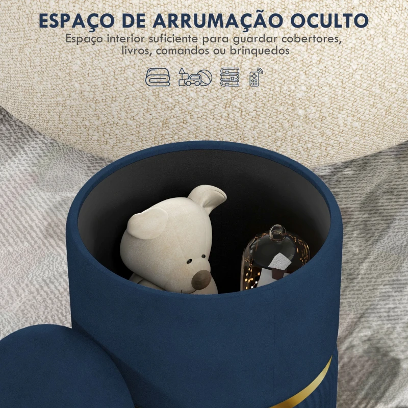 HOMCOM Banco de Armazenamento para Dormitório Puff de Arrumação Estofado em Veludo com Pés Antiderrapantes Ø36x44 cm Azul Escuro