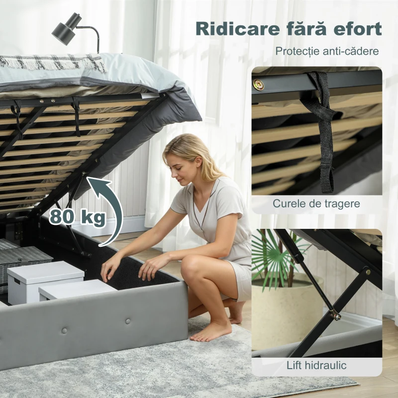 HOMCOM Cadru Pat Dublu 140x190 cm, Pat Dublu cu Spațiu de Depozitare, Tăblie Capitonață în Material Catifelat, Piston pe Gaz, Șipci din Lemn, Silențios, Montaj Ușor, Gri