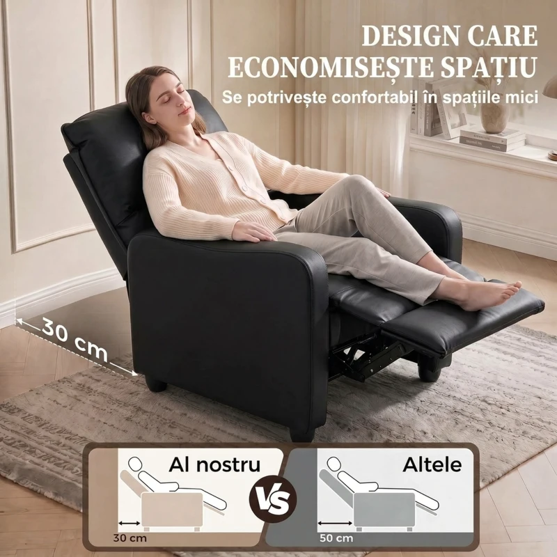 HOMCOM Fotoliu Relax Reclinabil Manual 155° cu Suport pentru Picioare, din Piele Ecologică PU, pentru Living și Dormitor, 69x91x100 cm, Negru