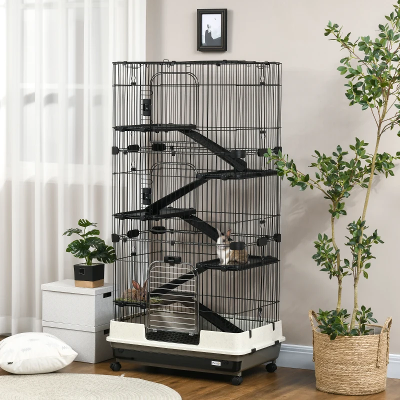 PawHut Cage pour lapin enclos à 5 niveaux avec 3 portes 5 rampes plateau amovible roulettes 81 x 52,5 x 159 cm noir et gris