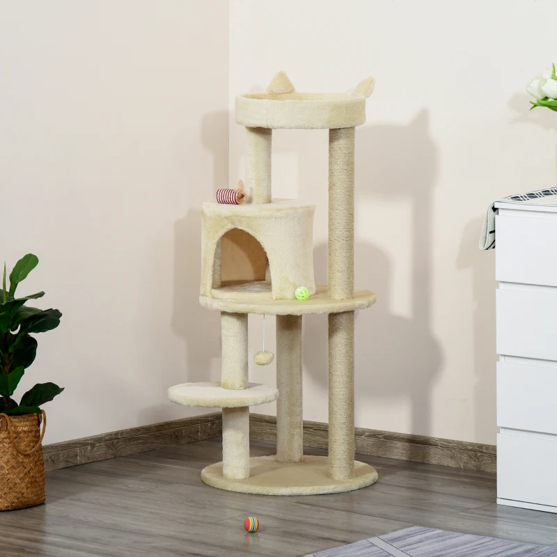 PawHut Árvore Arranhador para Gatos com Plataforma Caverna Postes de Sisal e Bola Suspensa 48x48x104 cm Bege