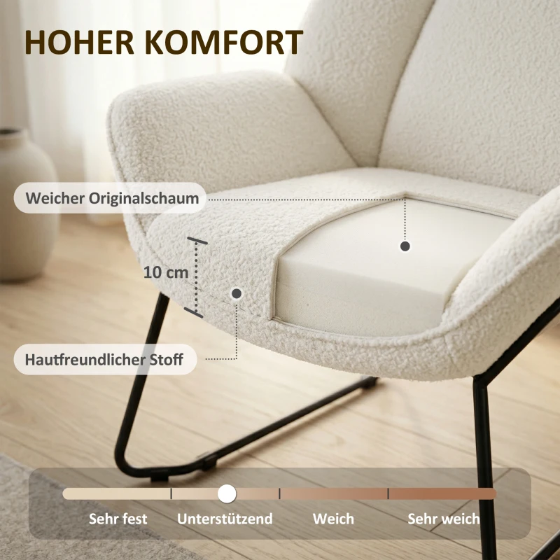 HOMCOM Moderner Akzentstuhl, Sherpa-Fleece gepolsterter Sessel mit breiter Rückenlehne und Stahlbeinen, einfache Montage, Weiß