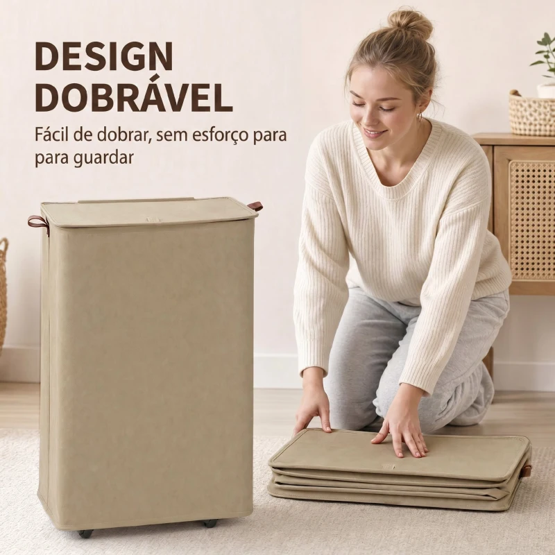 HOMCOM Cesto de Roupa Suja com Tampa e Rodas, 50L, Dobrável com Bolsa com Cordão Removível, 40x30x65 cm, Castanho