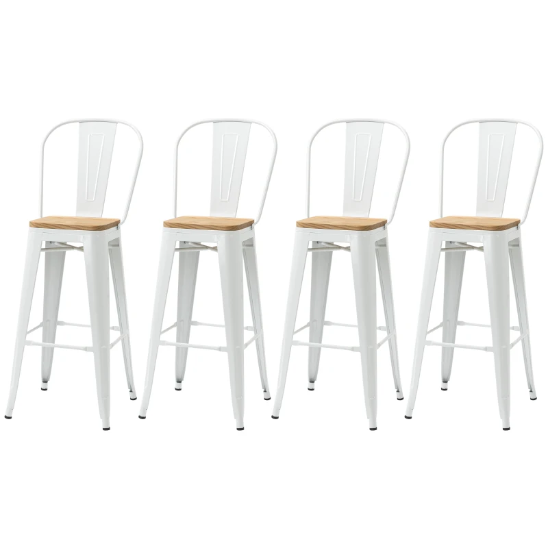 HOMCOM Conjunto de 4 Bancos Altos Empilháveis com Encosto Alto Apoio para os Pés Assento de Madeira 44x53x116 cm Branco