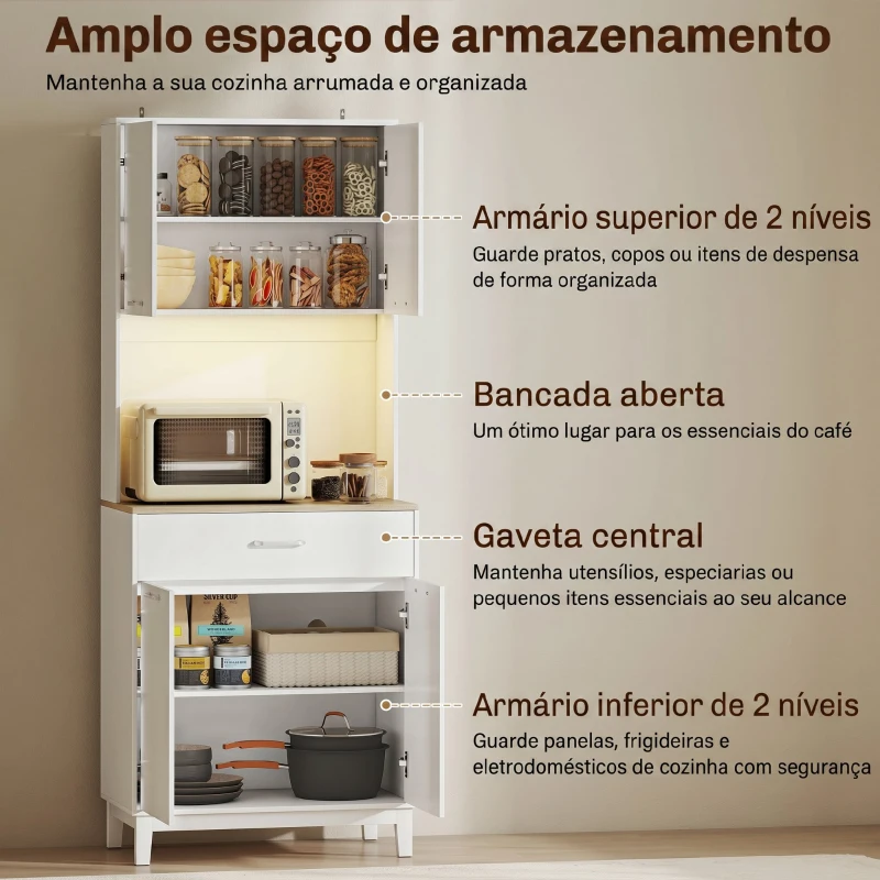 HOMCOM Aparador de Cozinha com Luzes LED Estação de Carregamento 4 Portas Gaveta Bancada Aberta 71x40x180 cm Branco