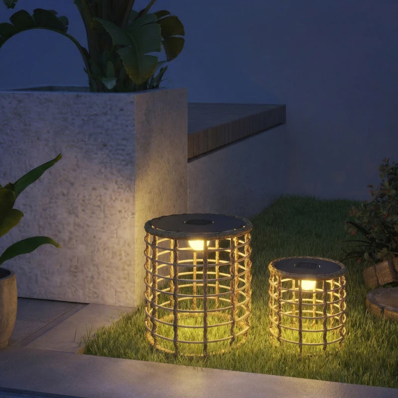 Outsunny Solar Stehlampe 2er Set Rattan Solarlampen mit Lichtsensor LED Solarleuchte im Boho-Stil IP44