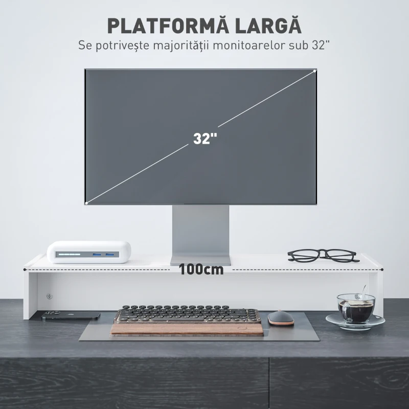 HOMCOM Suport pentru monitor cu 2 compartimente de depozitare din lemn, 100x27x15 cm, alb