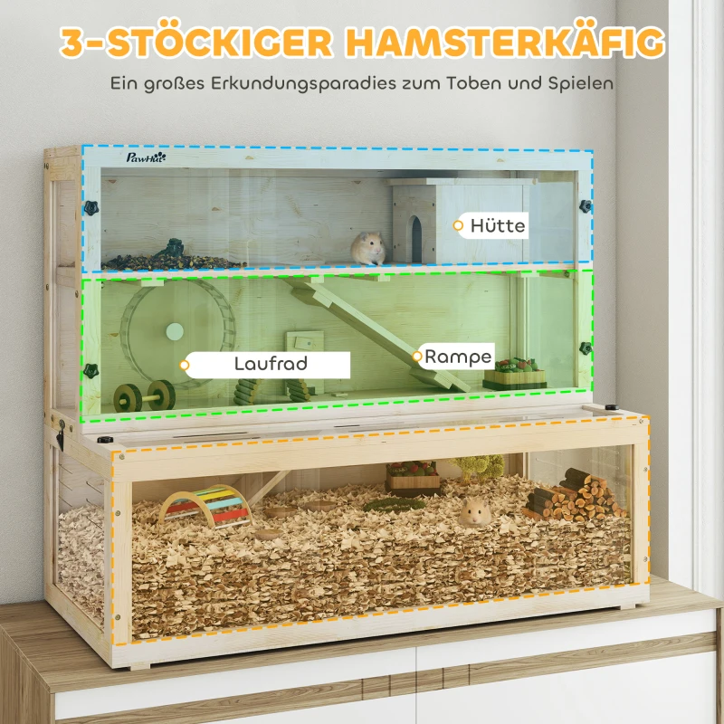 PawHut Hamsterkäfig, 3 Ebenen, Hütte, Zubehör, 100 x 50 x 84 cm, für mehrere Kleintiere, Holz, Kunststoff