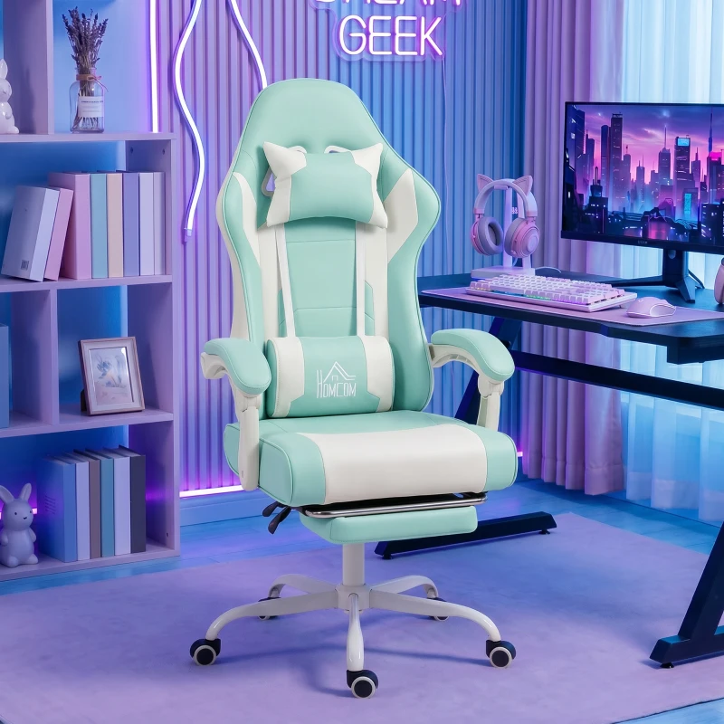 HOMCOM Cadeira Gaming Reclinável 155° com Suporte Lombar com Massagem Apoio de Cabeça e Apoio para os Pés 63x66x126-134 cm Azul Claro