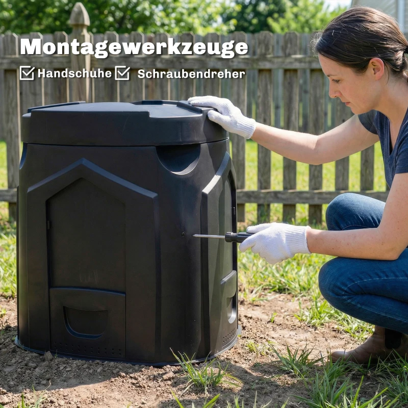 Outsunny 240L Gartenkomposter, Dreieckiger Kompostbehälter mit 3 Türen, Schwarz