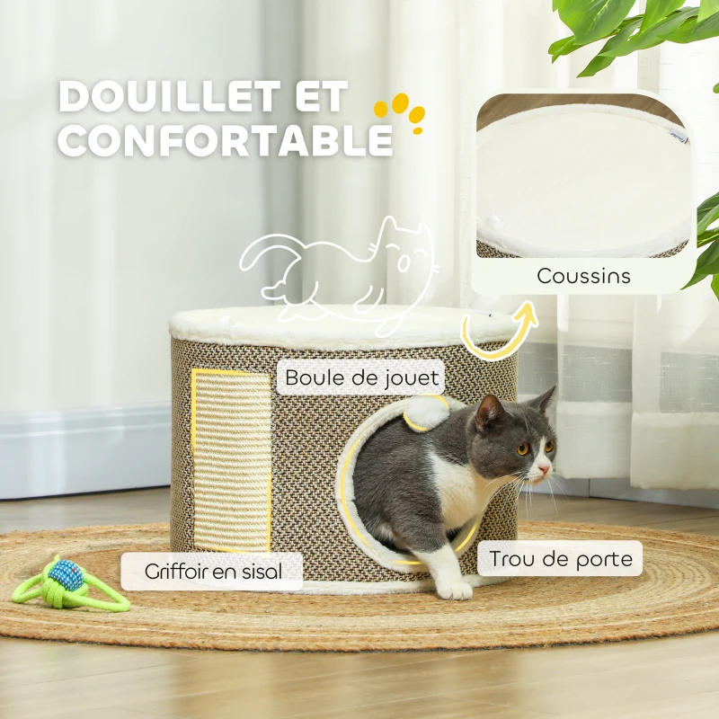 PawHut Tour griffer chat tonneau griffoir chat avec sisal pour gratter dessus en peluche coussins amovibles Ø 40 x 30 cm café