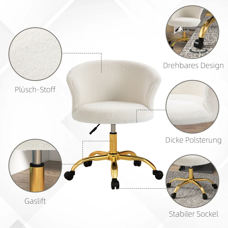 Vinsetto Schreibtischstuhl, höhenverstellbarer Bürostuhl mit Teddy-Fleece-Optik 58 x 56 x 68-76 cm Weiß