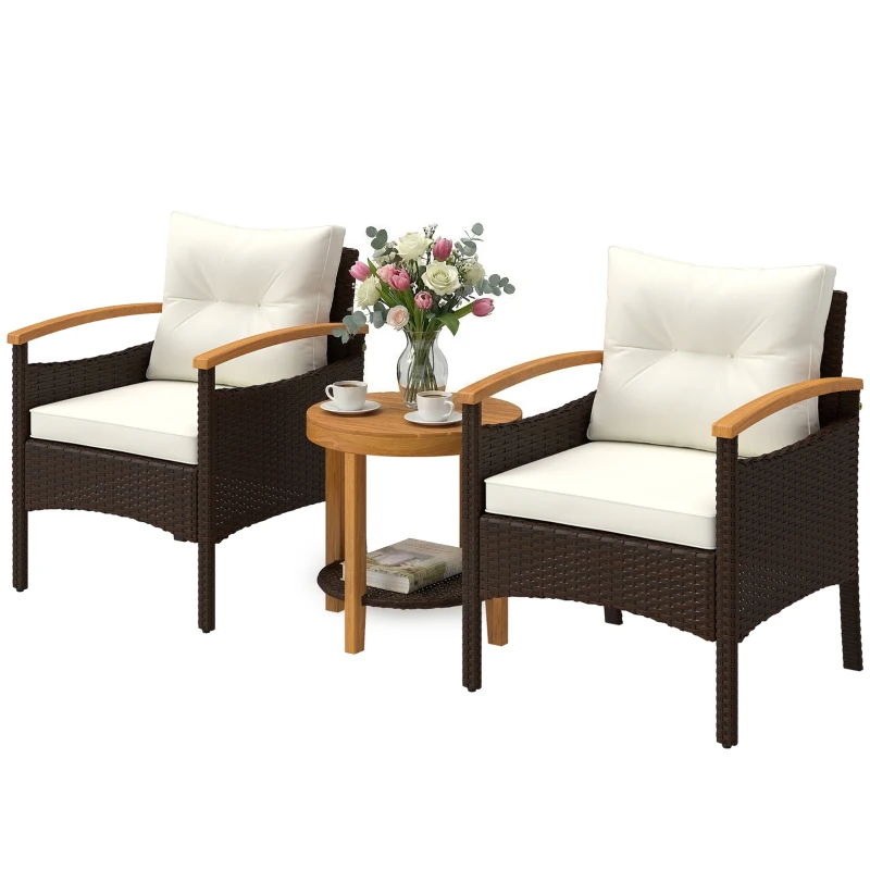Outsunny Rattan Bistroset 3 teiliges FSC Gartenmöbel-Set mit 2 Sessel, 2-Ebene Holz-Tisch, dicke waschbare Kissen