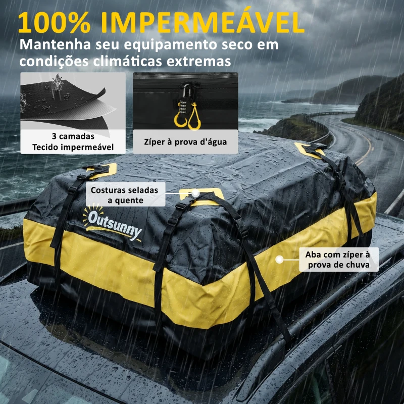 Outsunny Bolsa de Teto para Carro 425L Impermeável com 8 Correias, Tapete Antiderrapante e Ganchos para Veículos Preto e Amarelo