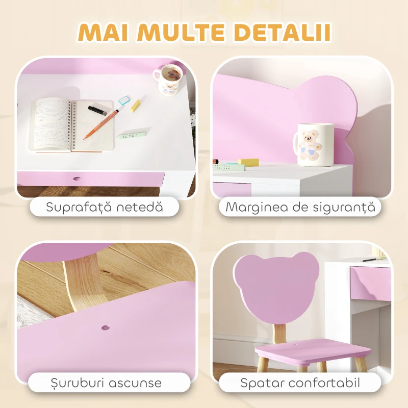AIYAPLAY Set Birou pentru Copii cu Sertar și Scaun cu Spătar în Formă de Ursuleț, Vârsta 3-8 Ani, Roz