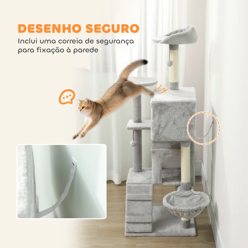 PawHut Arranhador para Gatos com Múltiplas Plataformas Cama 2 Cavernas Rede Escada Postes de Sisal 48x48x140 cm Cinzento Claro