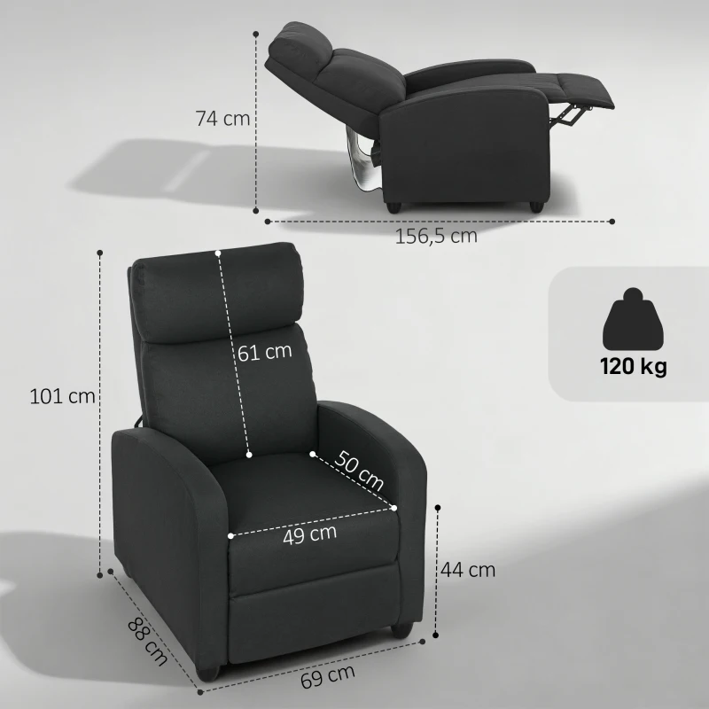 HOMCOM Relaxsessel, verstellbar 135°, ausziehbare Fußstütze, gepolsterte Lehnen, Leinen-Polyester, Schwarz(m-3)