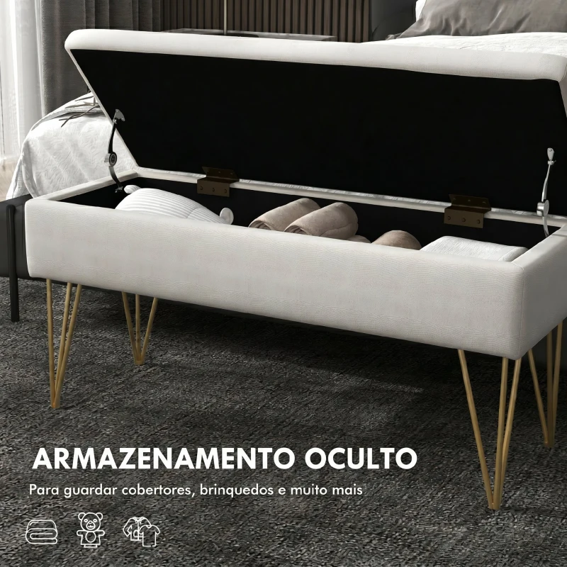 HOMCOM Banco para Pé de Cama Estofado em Tecido Sintético com Pernas de Aço e Assento Acolchoado 100x40x49 cm Creme