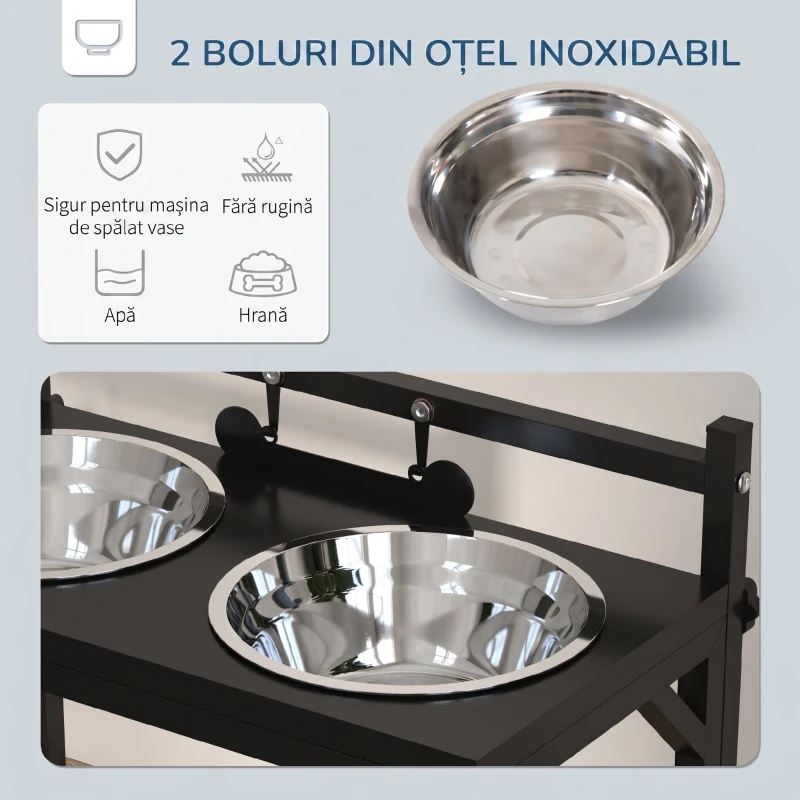 PawHut Suport Boluri pentru Câini Ridicat cu Înălțime Reglabilă, 2 Boluri din Oțel de 900ml, Negru