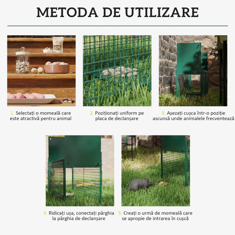 Outsunny Colivie Capcană pentru Animale Mici Vii cu Dublă Ușă și Mâner, 80x25x30cm, Verde Închis