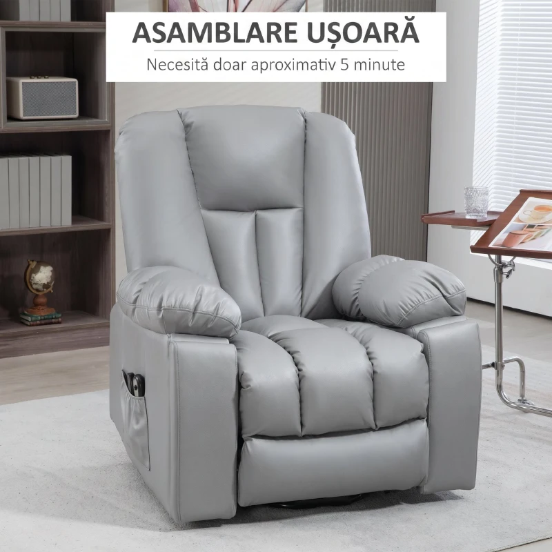 HOMCOM Fotoliu Reclinabil cu Funcție de Ridicare, 8 Puncte de Masaj și Telecomandă, din Microfibră, 94x96x106 cm, Gri