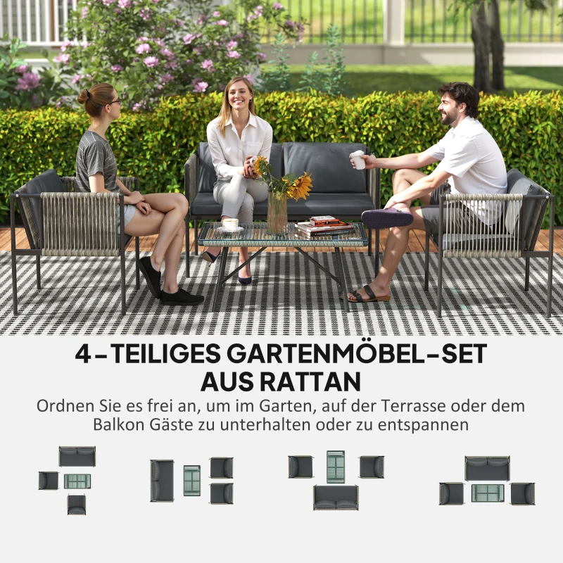 Outsunny 4-teiliges Gartenmöbel-Set, 1 Sofa, 2 Sessel, 1 Tisch mit Glasplatte, Kissen, Stahlrahmen, Kunststoff-Rattan, Grau