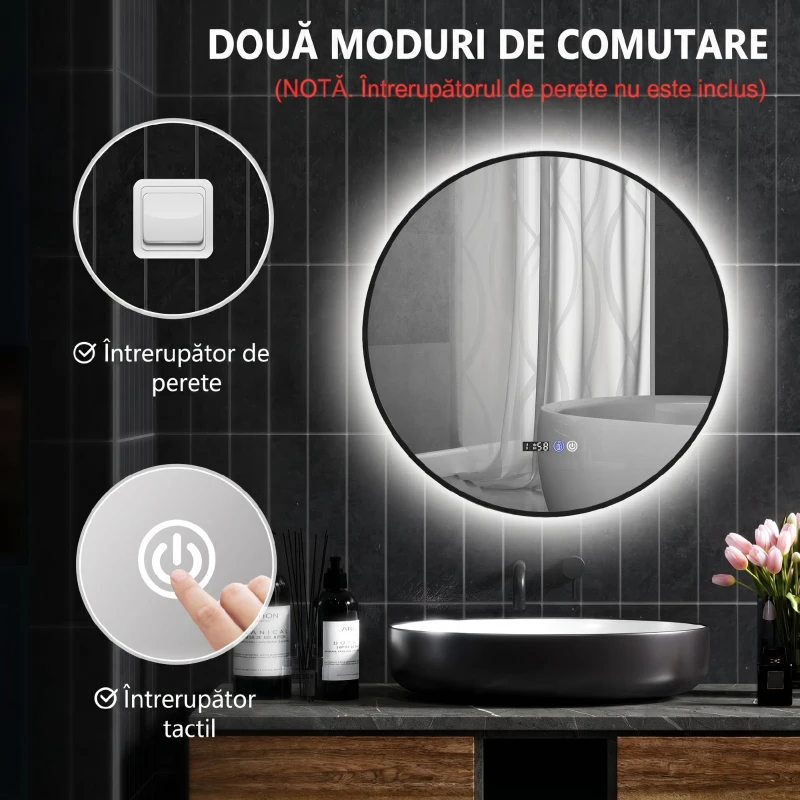 HOMCOM Oglindă de baie cu lumină LED reglabilă, antiaburire și afișaj pentru oră și temperatură, Ø70 cm, negru