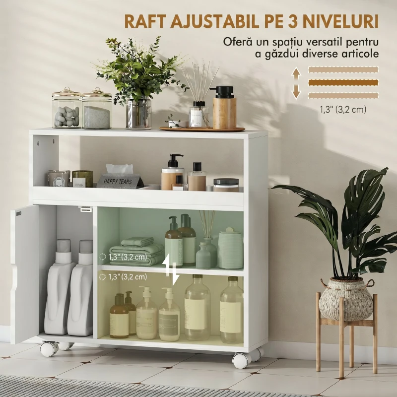 HOMCOM Dulap pentru Baie pe Rotile din Lemn cu Spațiu Deschis, Rafturi Reglabile și Uși din Sticlă, 71x20x70 cm, Alb