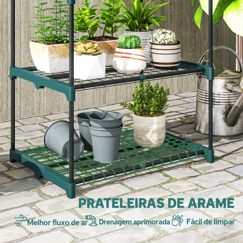 Outsunny Suporte para Plantas de 5 Níveis, Estante de Aço com Prateleiras de Rede, 67x49x138 cm, Verde Escuro