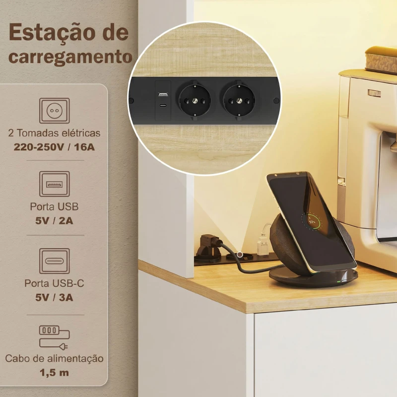 HOMCOM Aparador de Cozinha com Luzes LED Estação de Carregamento 4 Portas Gaveta Bancada Aberta 71x40x180 cm Branco