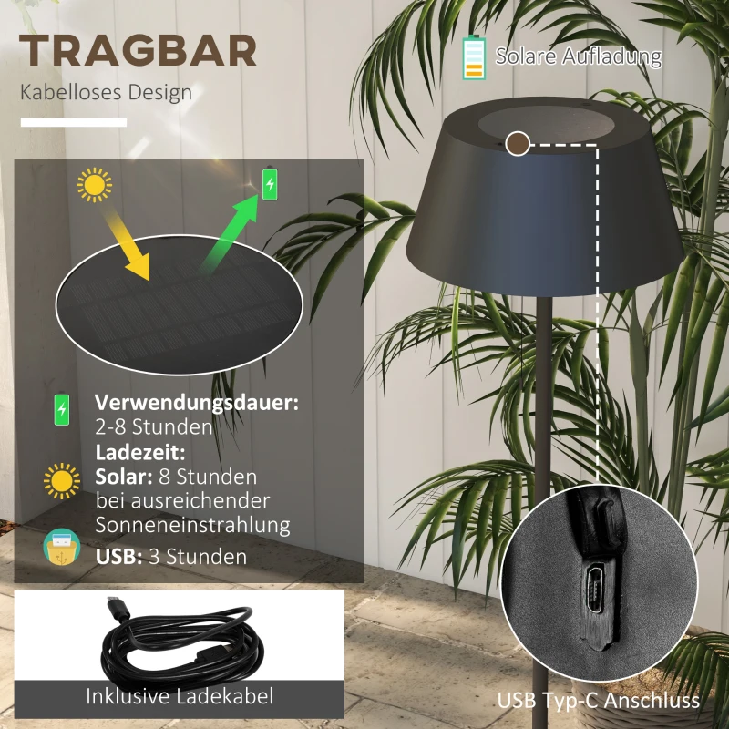 Outsunny Solarlampe, LED Stehleuchte, 3 Helligkeitsstufen, weißes/buntes Licht, Metallrahmen, Ø32 x 153 cm, Schwarz