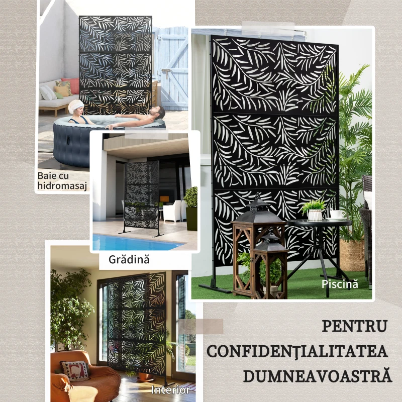Outsunny Paravan de Exterior din Oțel cu Model de Salcie și 2 Picioare, 122x45x198 cm, Negru