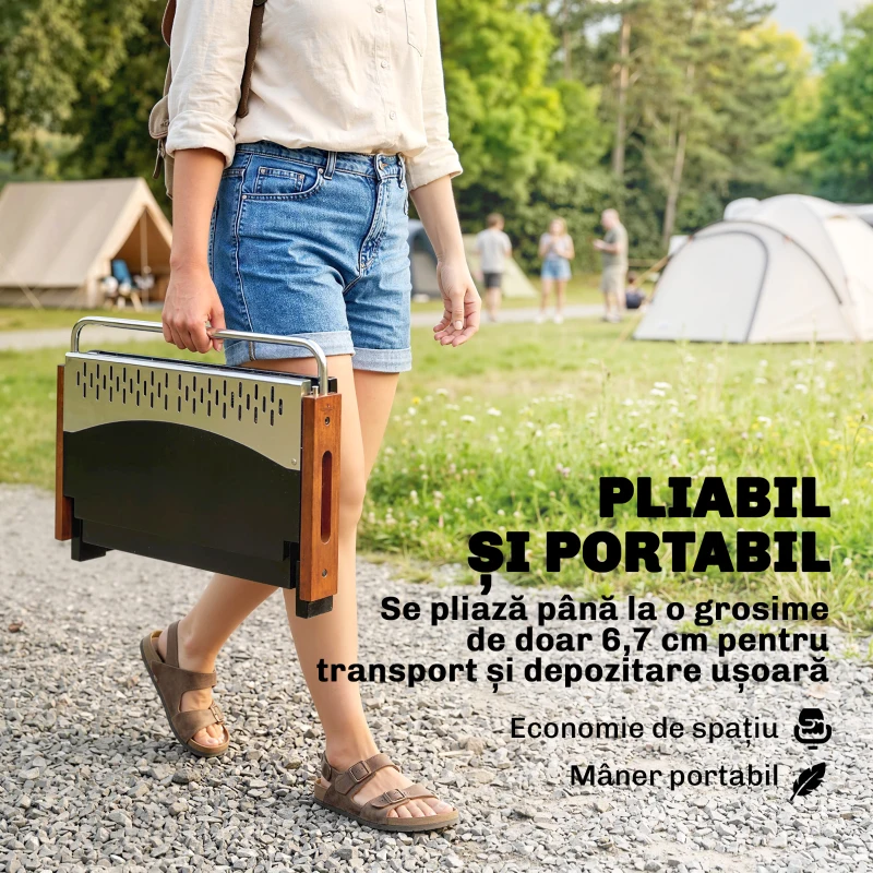 Outsunny Grătar Portabil cu Cărbune, Tava Detașabilă, din Oțel Inoxidabil și Metal, 50,5x34x33 cm, Negru