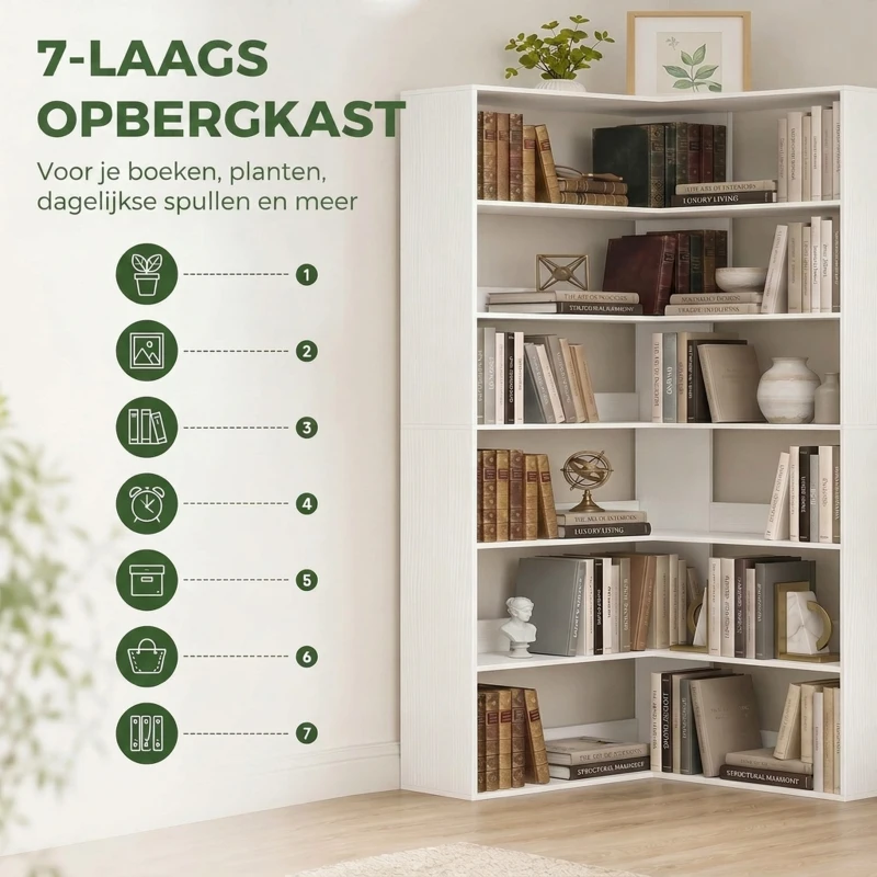 HOMCOM Boekenkast met 7 Lagen, L-vormig Hoekrek met Anti-slip Achterwand, Wit met Houtlook