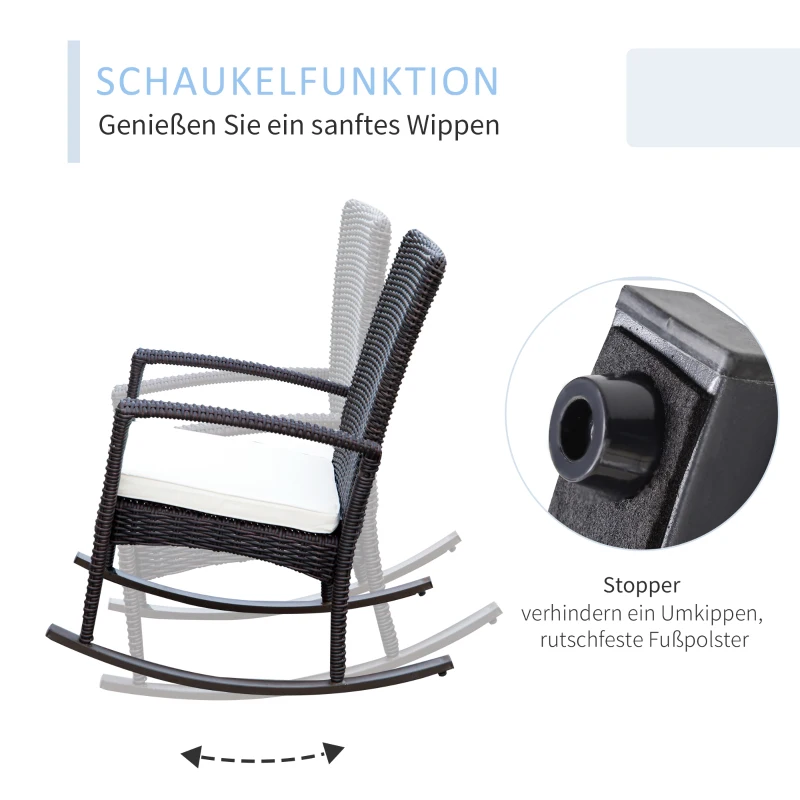 Outsunny Schaukelstuhl Schwingsessel Gartenstuhl mit Kissen , Polyrattan+Metall, Braun+Cremeweiß, 66 x 88 x 98 cm