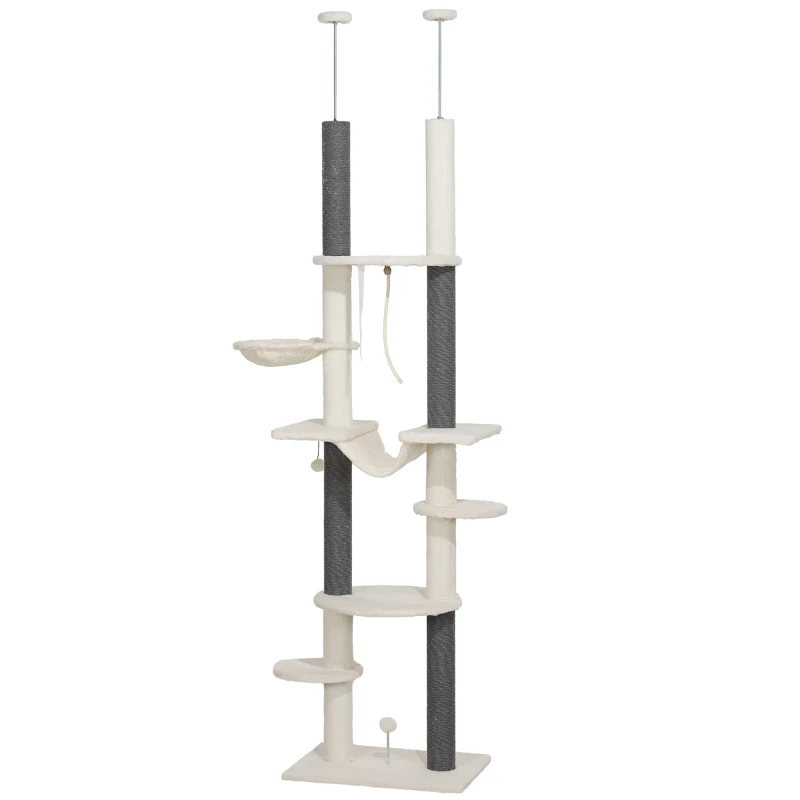 PawHut Kratzbaum, deckenhoch, verstellbar 225-255 cm, Plattformen & Hängematten, Kippschutz, Weiß