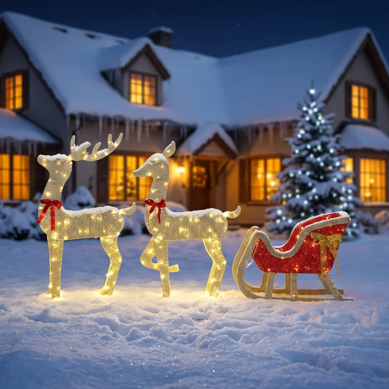 Outsunny Reno de Navidad Exterior con Trineo 3D de 3 Piezas con 200 Luces LED Blanco Cálido 8 Modos y Temporizador
