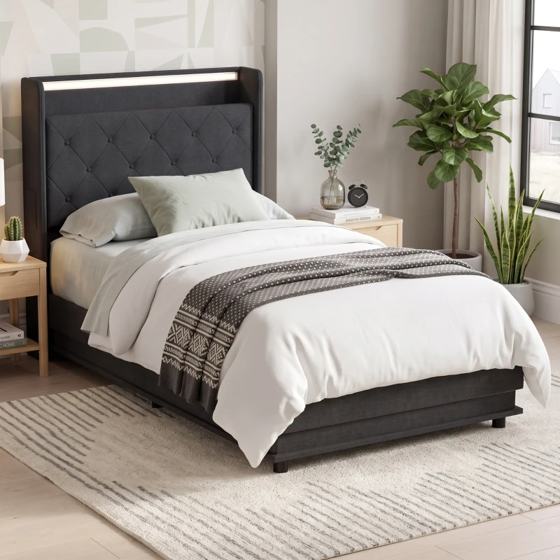 HOMCOM 3ft Single Bed Frame with Headboard, Platform Bed Frame with Hydraulic Storage, LED Lights and Charging Station, Black