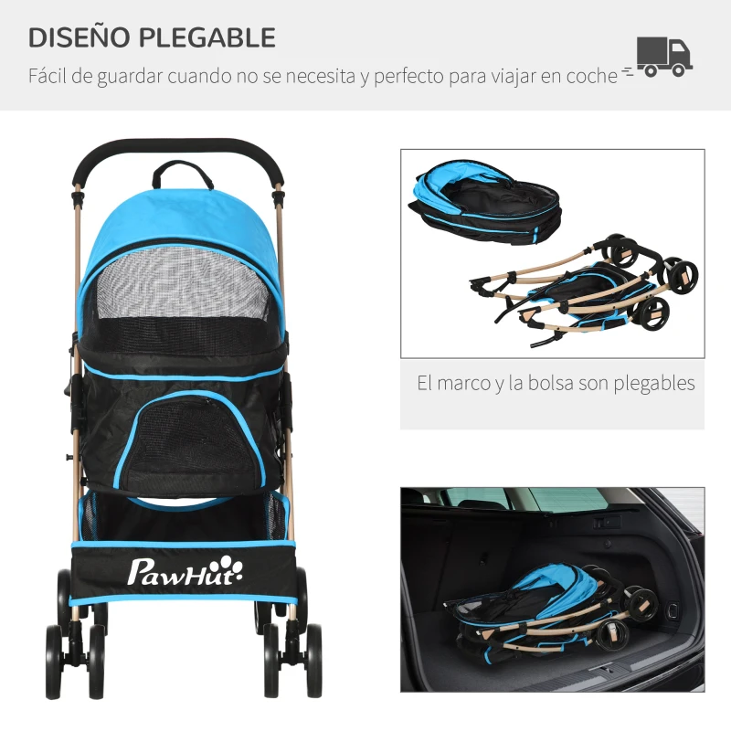 PawHut Carrito para Perros Pequeños 3 en 1 con Vagón Desmontable Cesta de Almacenaje Correas de Seguridad y Cojín Azul