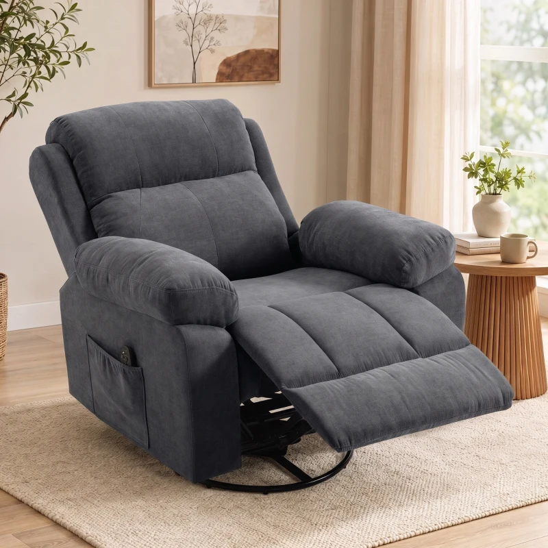HOMCOM Sillón relax para TV, sillón de masaje giratorio 360° con calor y vibración, efecto chenilla, Gris oscuro