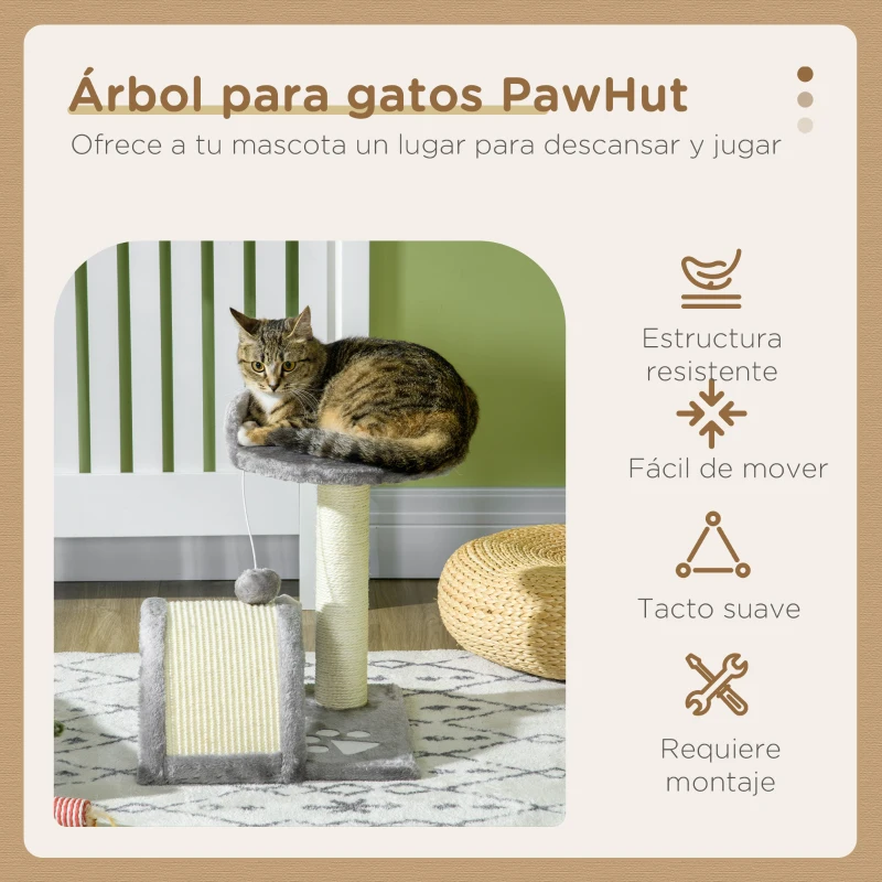 PawHut Árbol Rascador para Gatos Pequeños Altura 46 cm con Poste Tablero para Rascar Plataformas y Bola 35,5x37x46 cm Gris