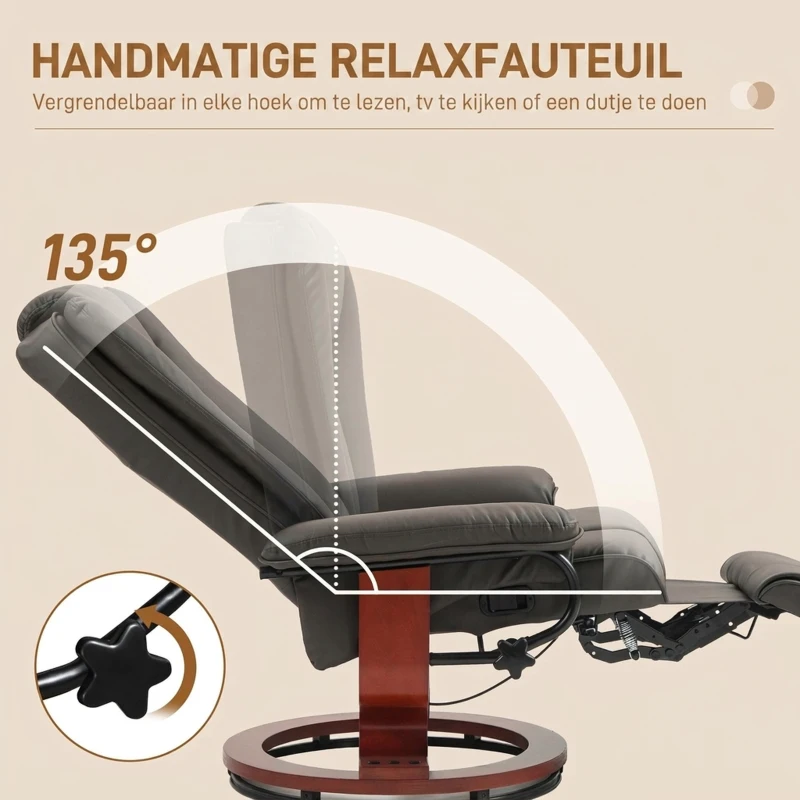 HOMCOM Draaibare Relaxfauteuil met Ligfunctie, tot 150 kg, Kunstleer, Bruin(m-4)